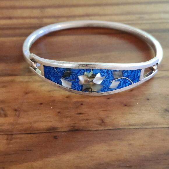 5 Vtg Taxco Mexico Sterling Silver Mother of Pearl Inlay Hinged Cuff Bracelet - Picture 11 of 15